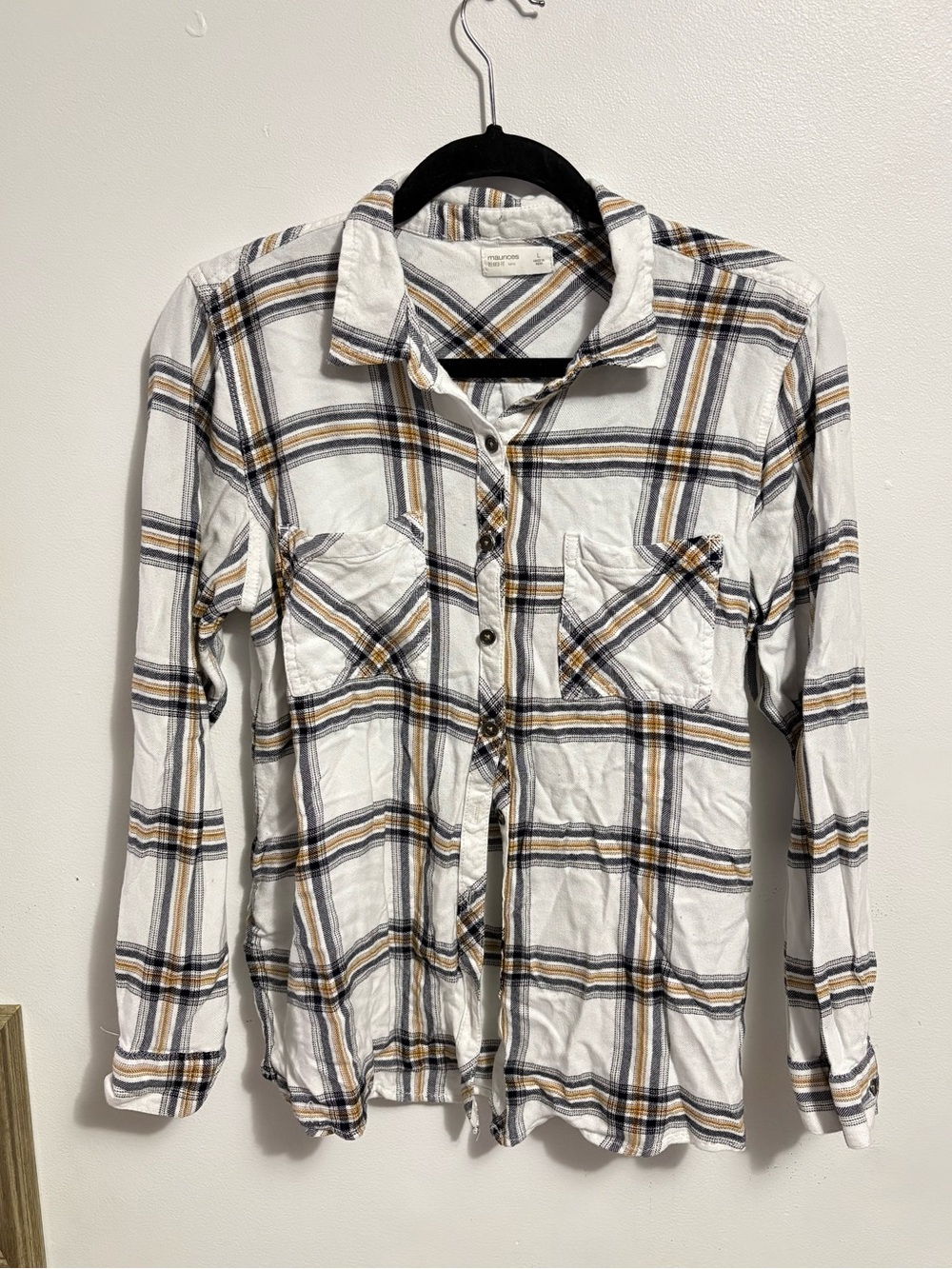Lightweight White Plaid Button-Up Shirt with Navy & Mustard
